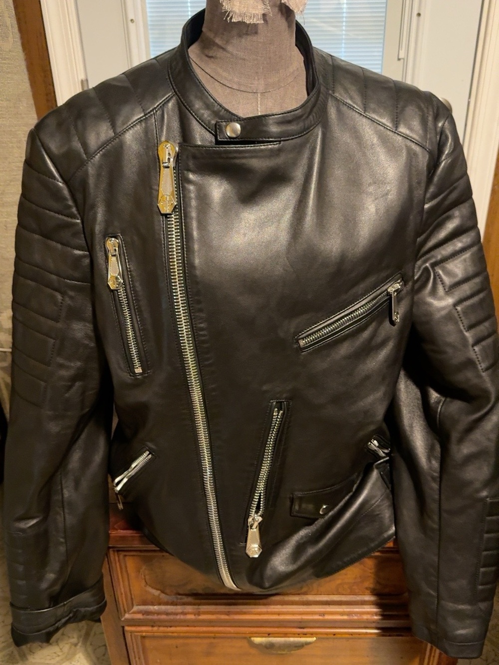 Philipp Plein Black Leather Bomber Jacket with Silver Zippers